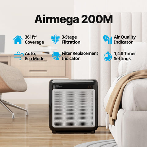 Coway Airmega 200M black top panel with controls highlights user-friendly operation.