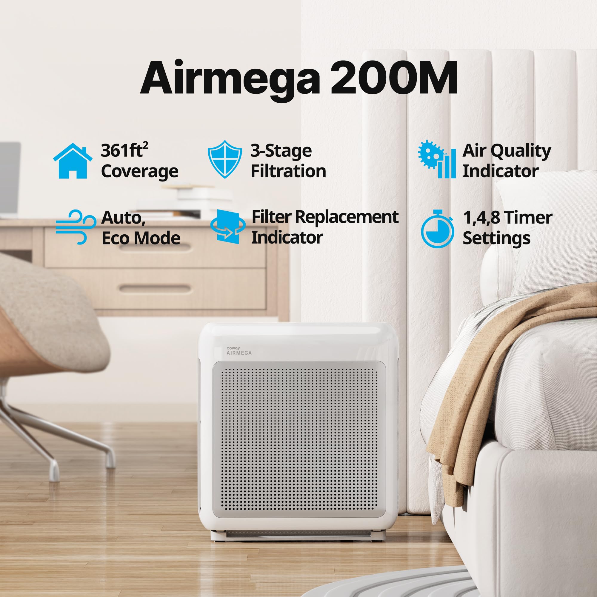 Coway Airmega 200M White top control panel for quick mode changes and monitoring.