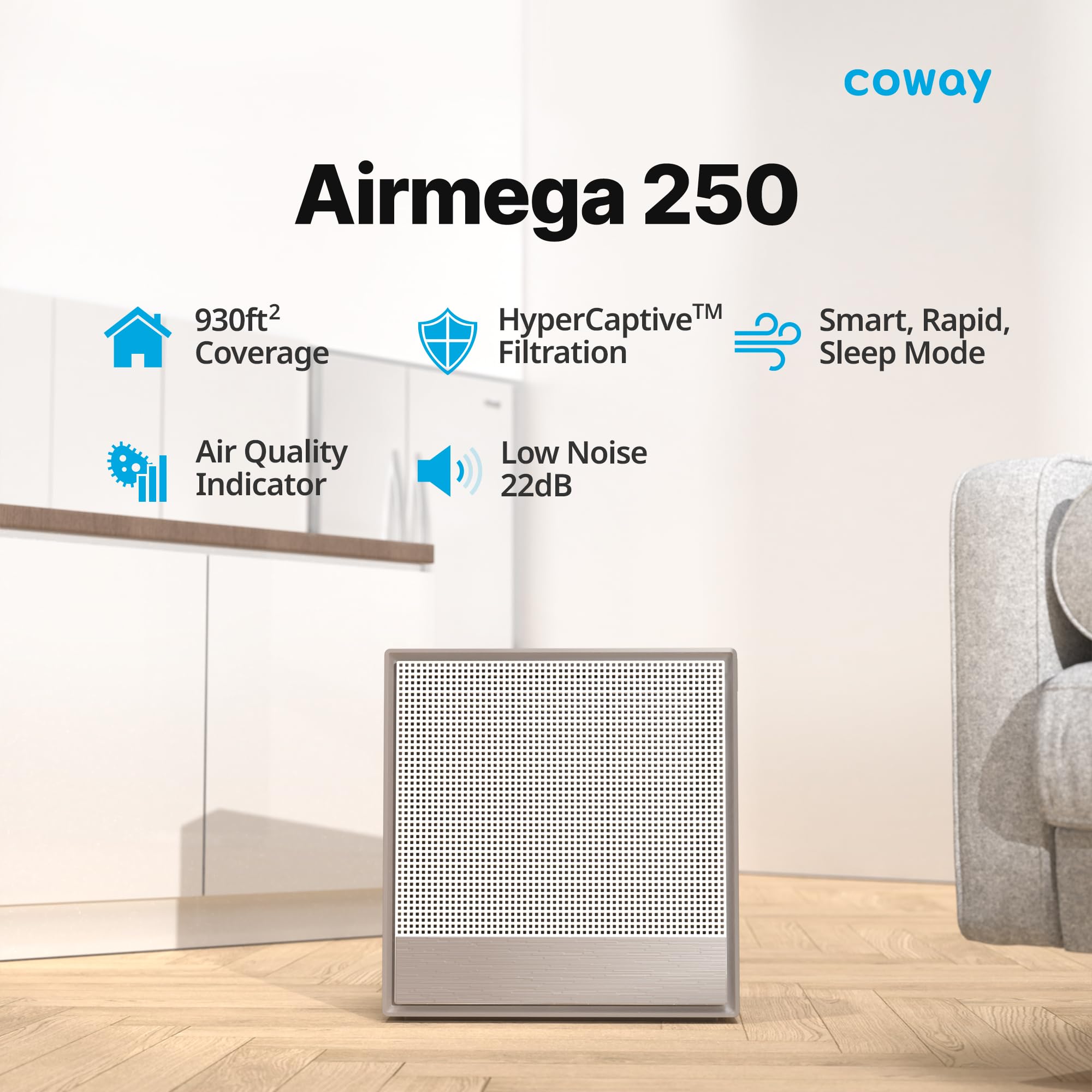 Coway Airmega 250 side view demonstrates space-saving placement