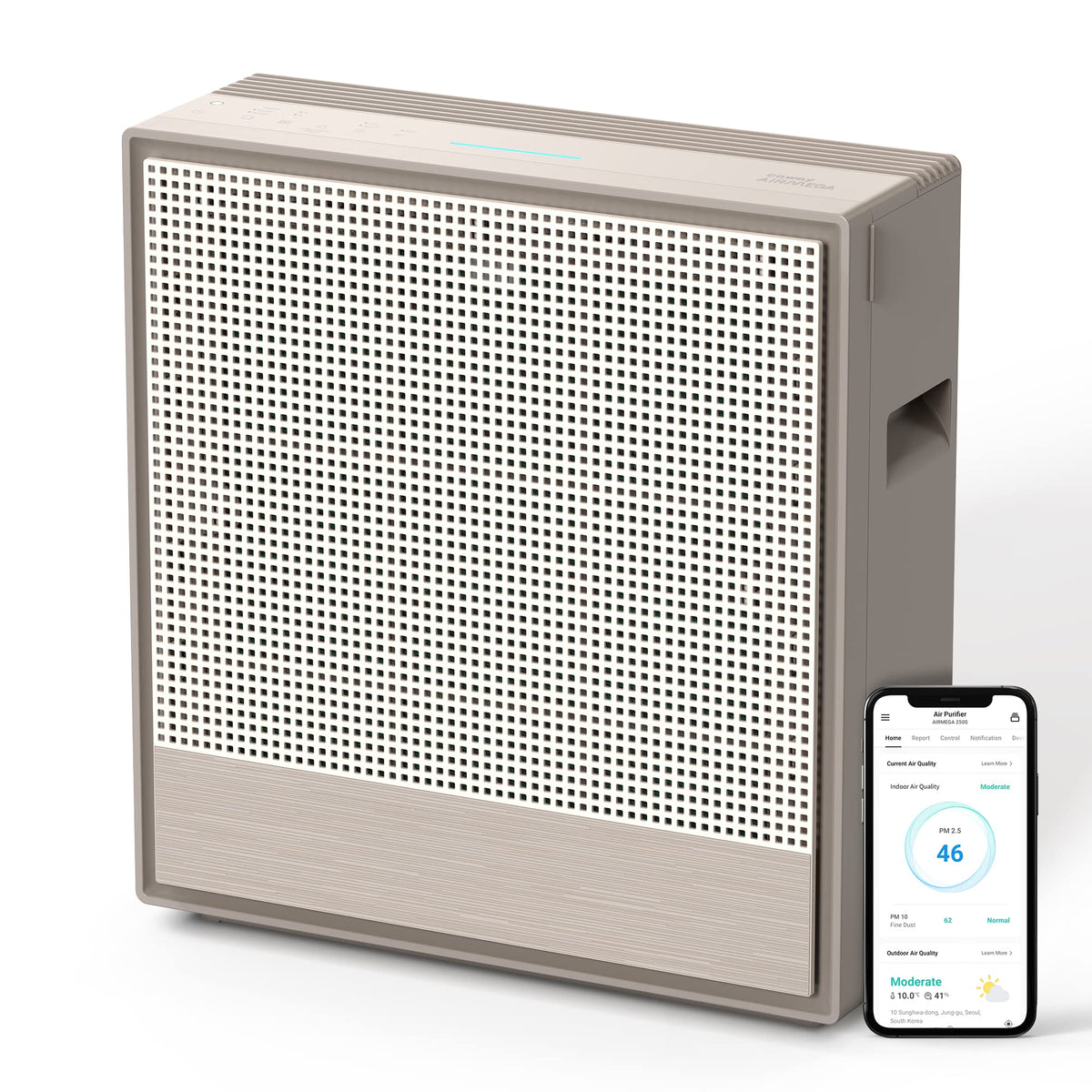 Coway Airmega 250S front panel for a sleek purifier in large living rooms.