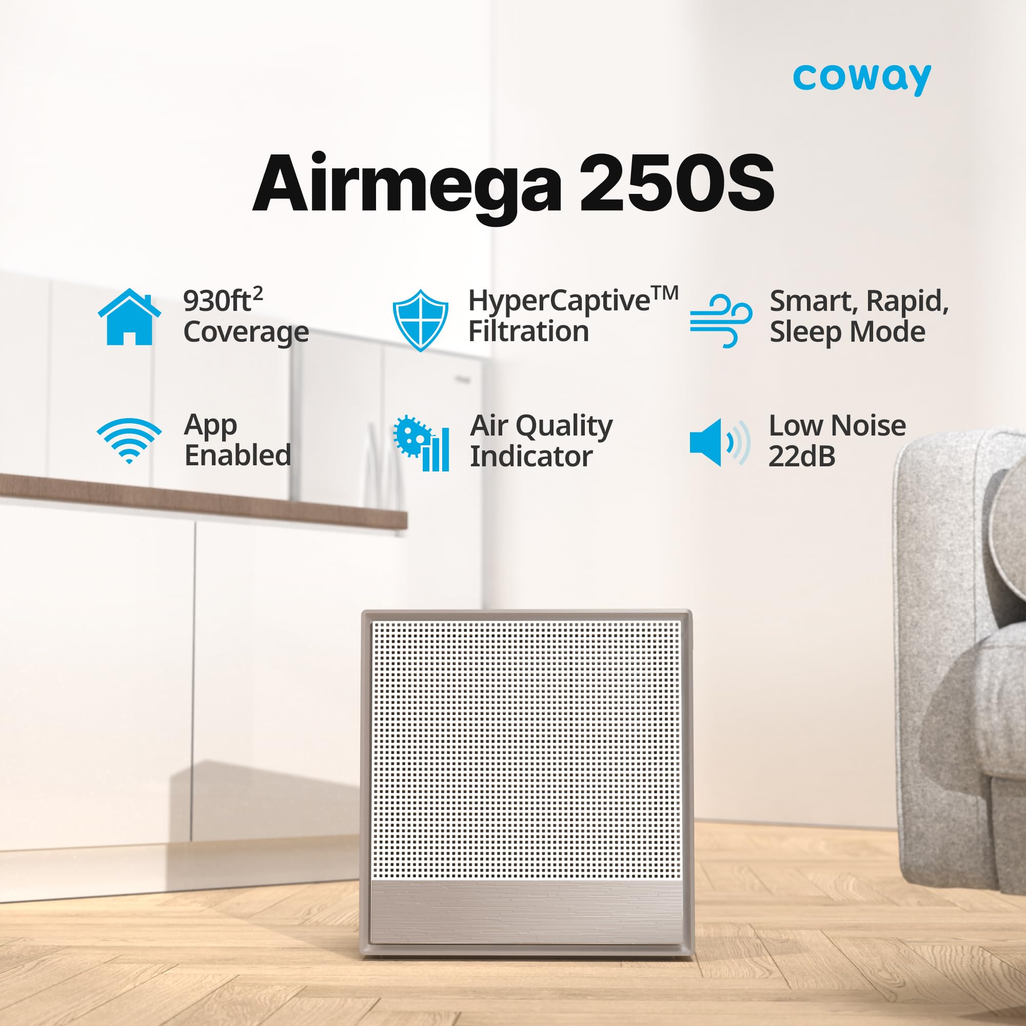 Top view of Coway Airmega 250S showing compact footprint for spacious layouts.