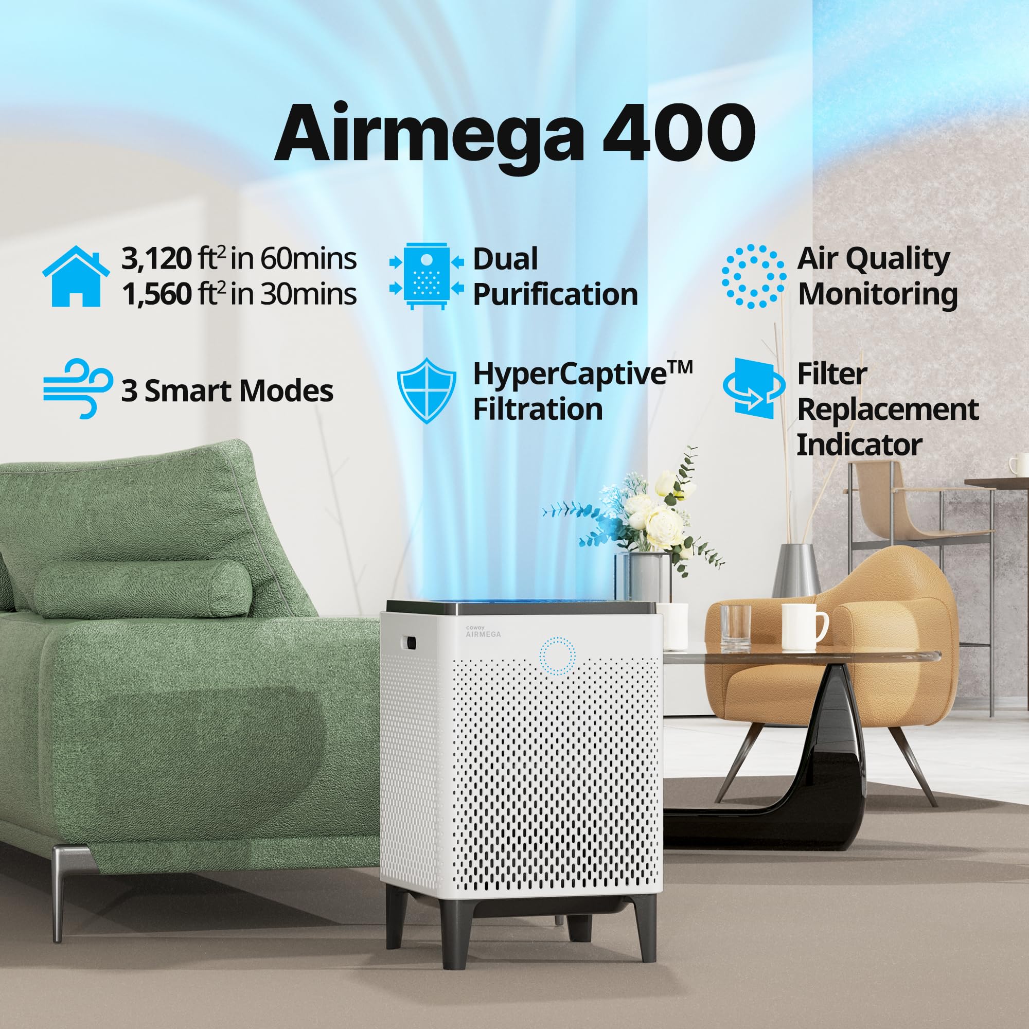 Coway Airmega 400 top view shows accessible controls for quick mode adjustments