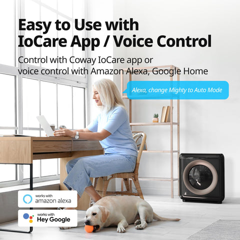 Coway Airmega AP-1512HHS compatible with Alexa and Google Home for voice control.