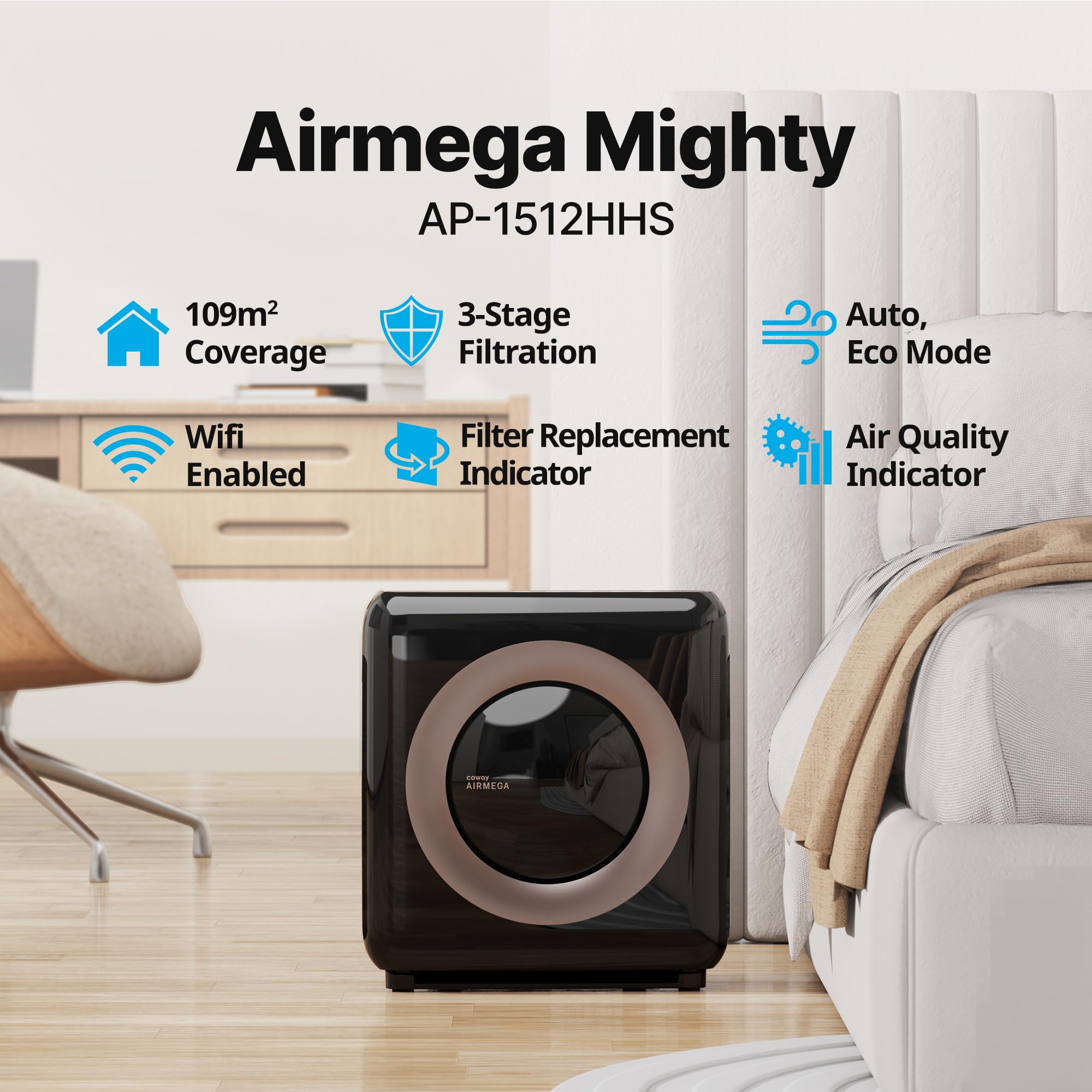 Coway Airmega AP-1512HHS side vent shows airflow path for purification.