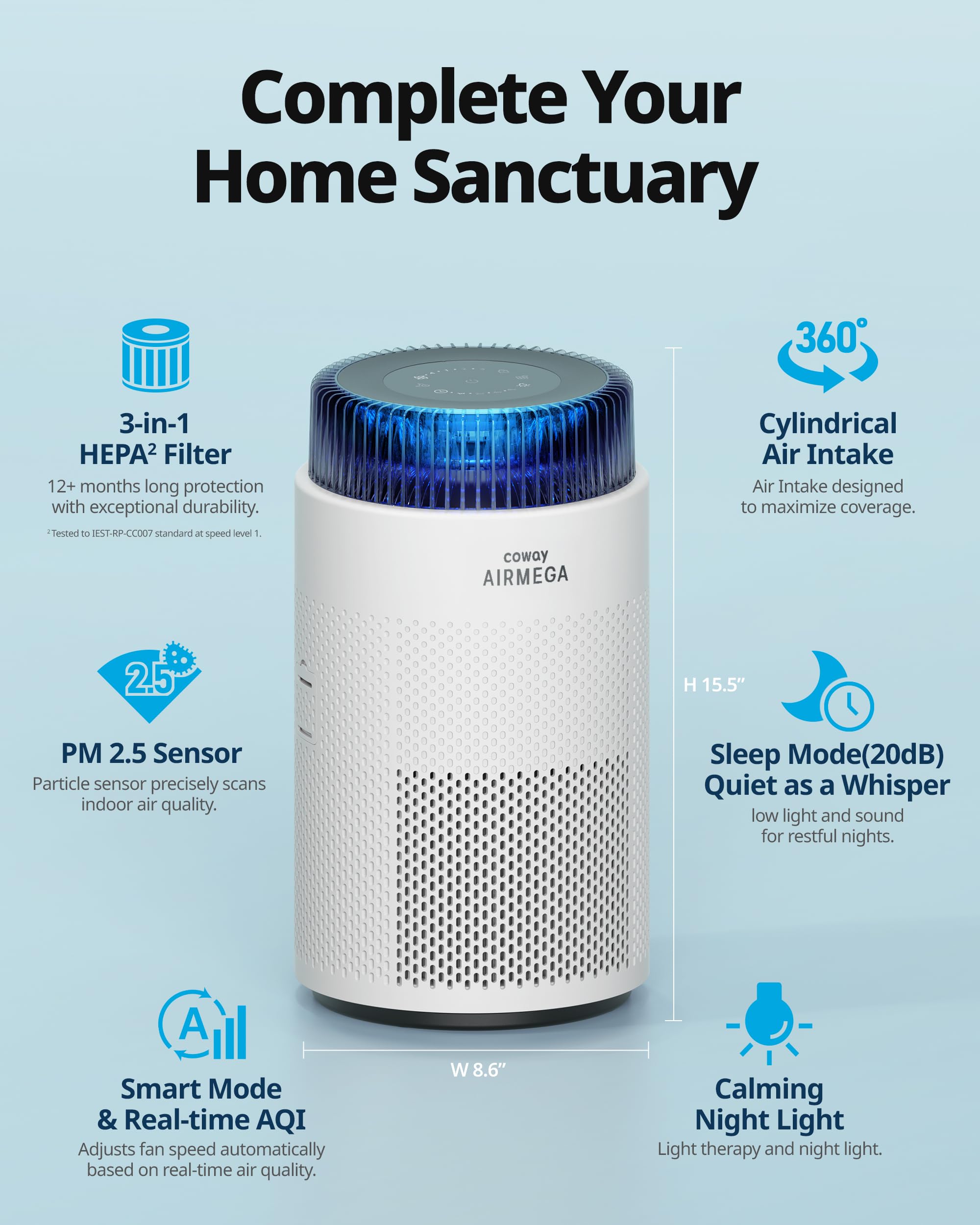 Coway Airmega HEPA filter system capturing fine particles and reducing odors.