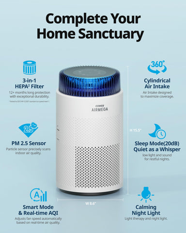 Coway Airmega HEPA filter system capturing fine particles and reducing odors.