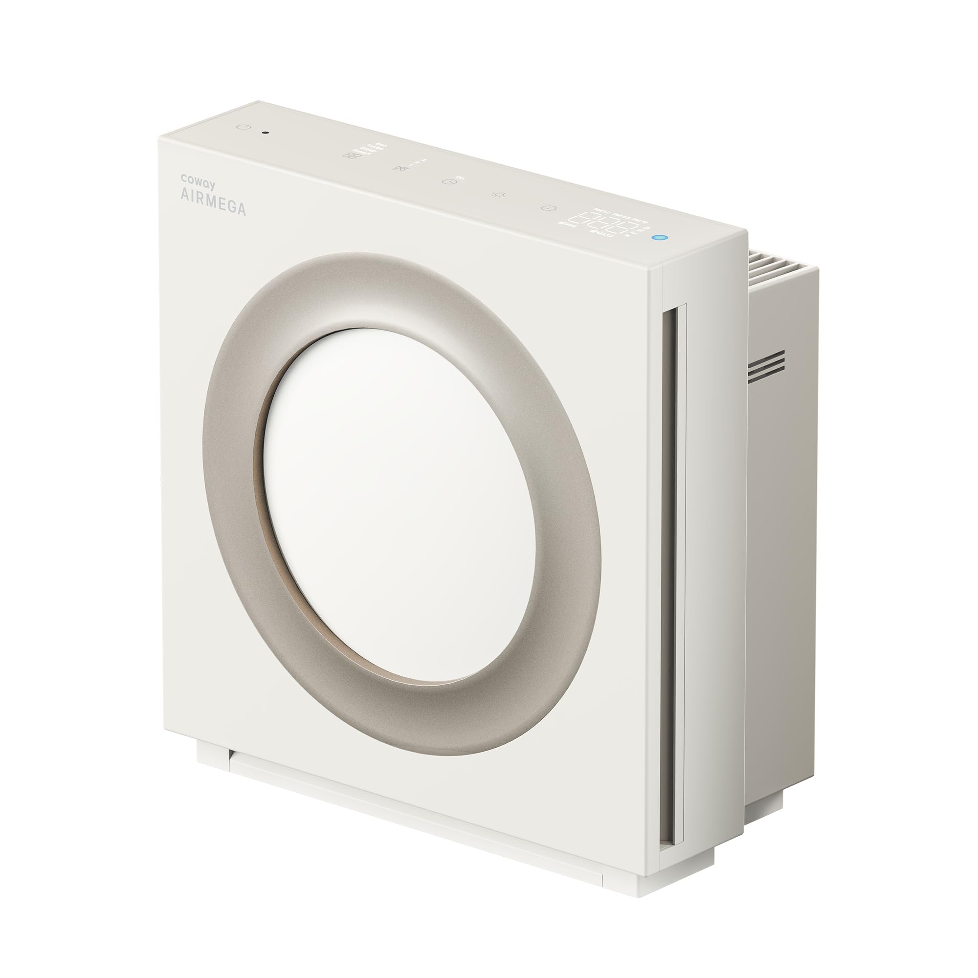 Coway Airmega Mighty2 front view showing a large living room purifier for efficient air cleaning.