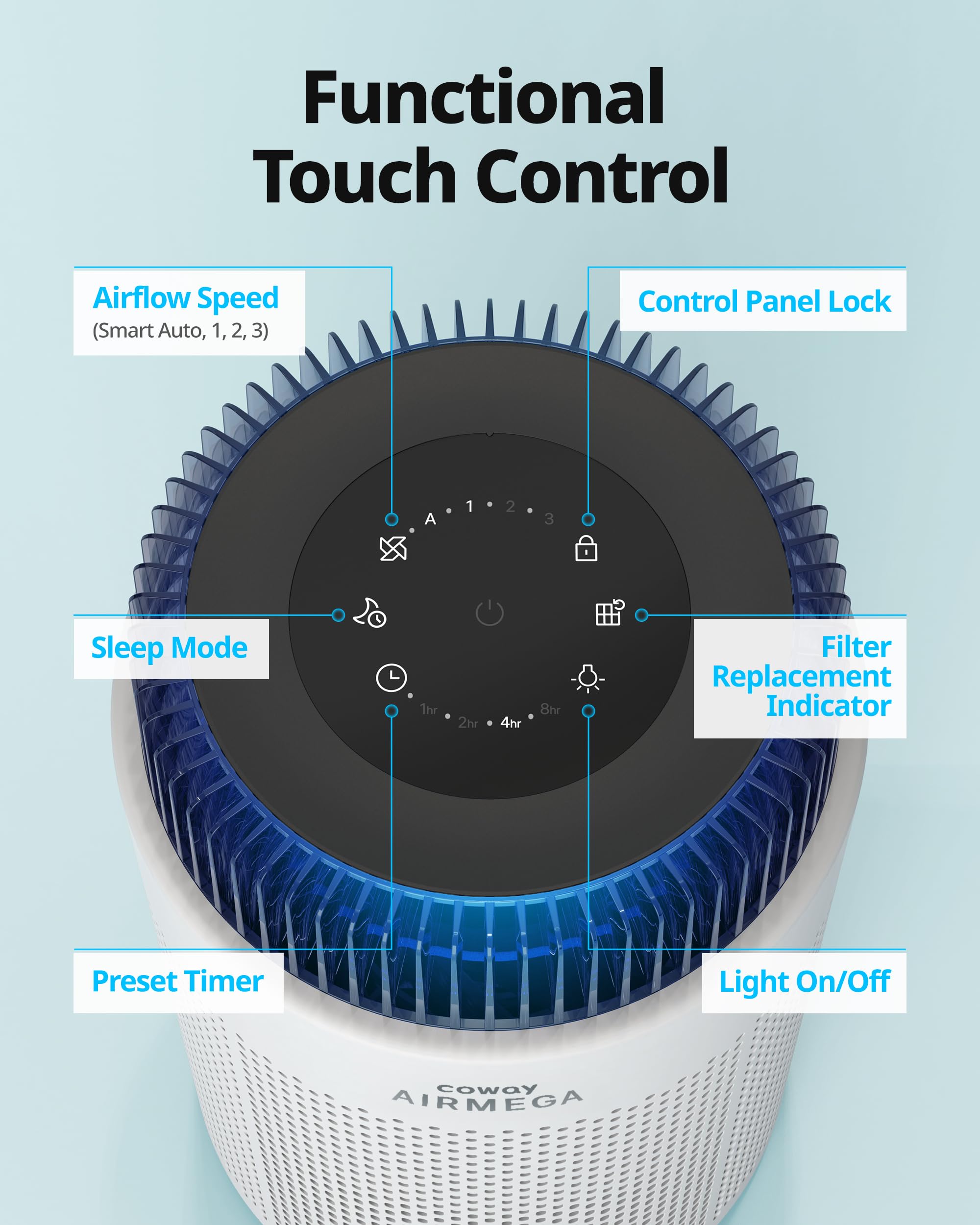 Coway Airmega night light provides gentle illumination in the room.