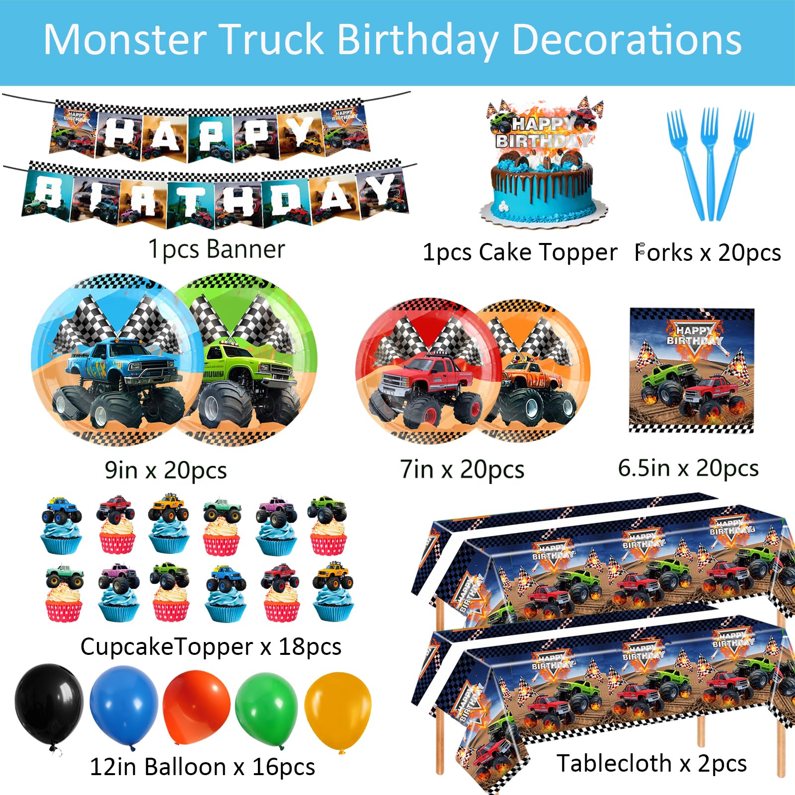 Cowisary Monster Truck balloons add vibrant color and party energy.