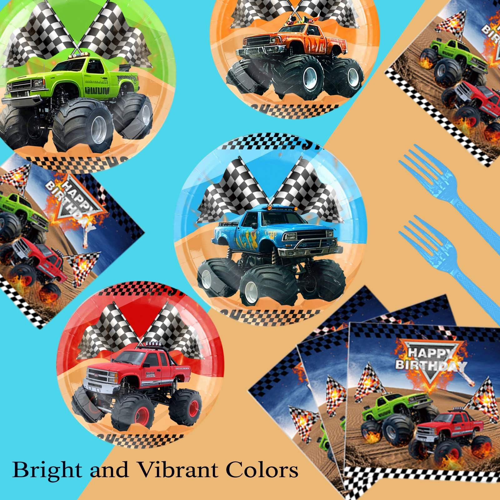 Cowisary Monster Truck plates offer sturdy dining for pizzas and desserts.