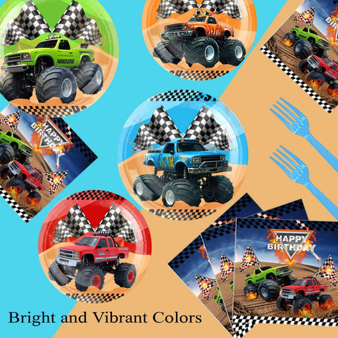 Cowisary Monster Truck plates offer sturdy dining for pizzas and desserts.