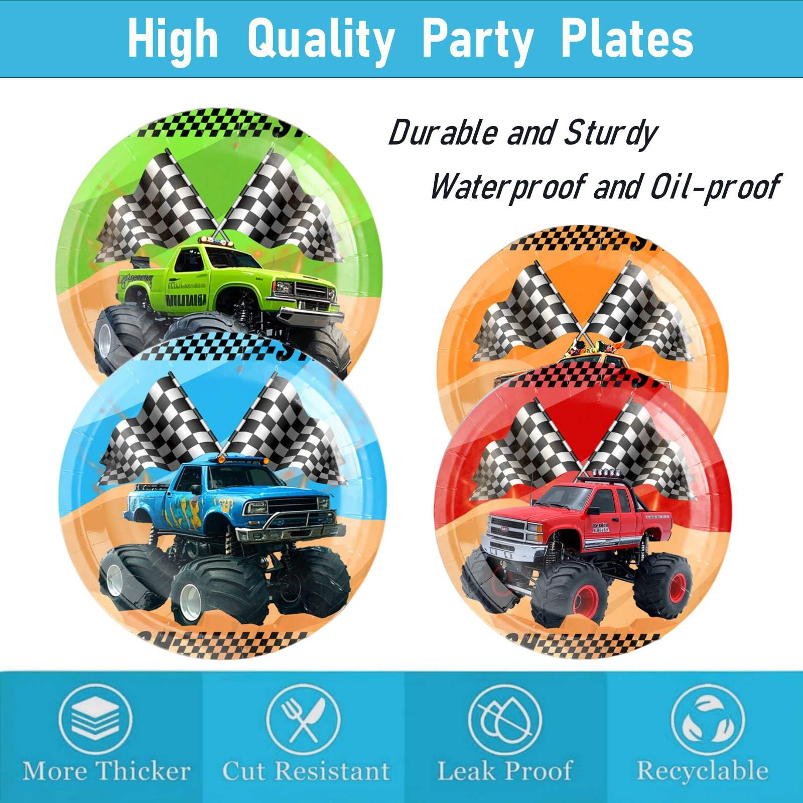 Cowisary Monster Truck tablecloth ties the table setting together.