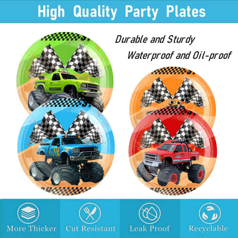 Cowisary Monster Truck tablecloth ties the table setting together.