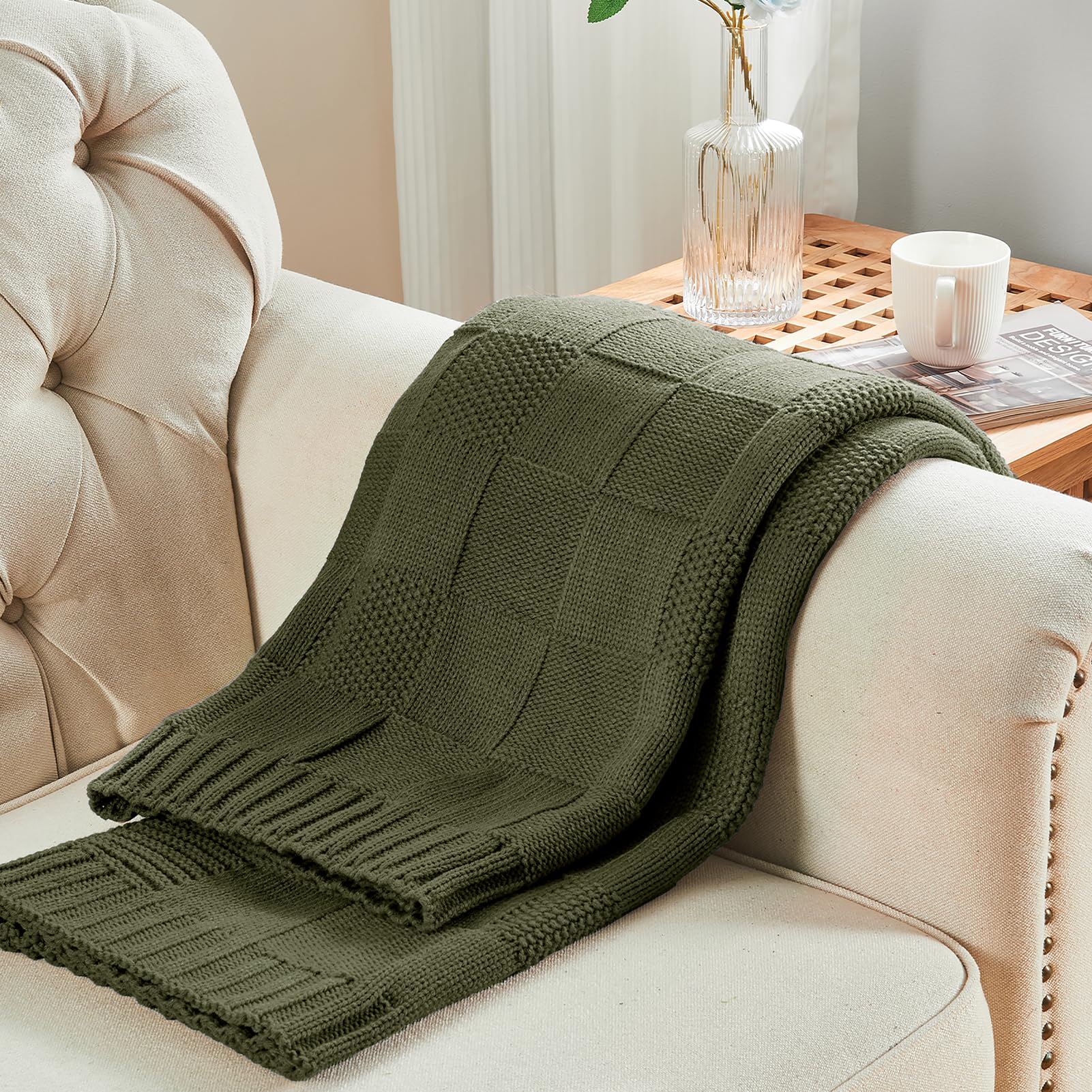 CozeCube olive throw detail highlights durable acrylic yarn and colorfast finish