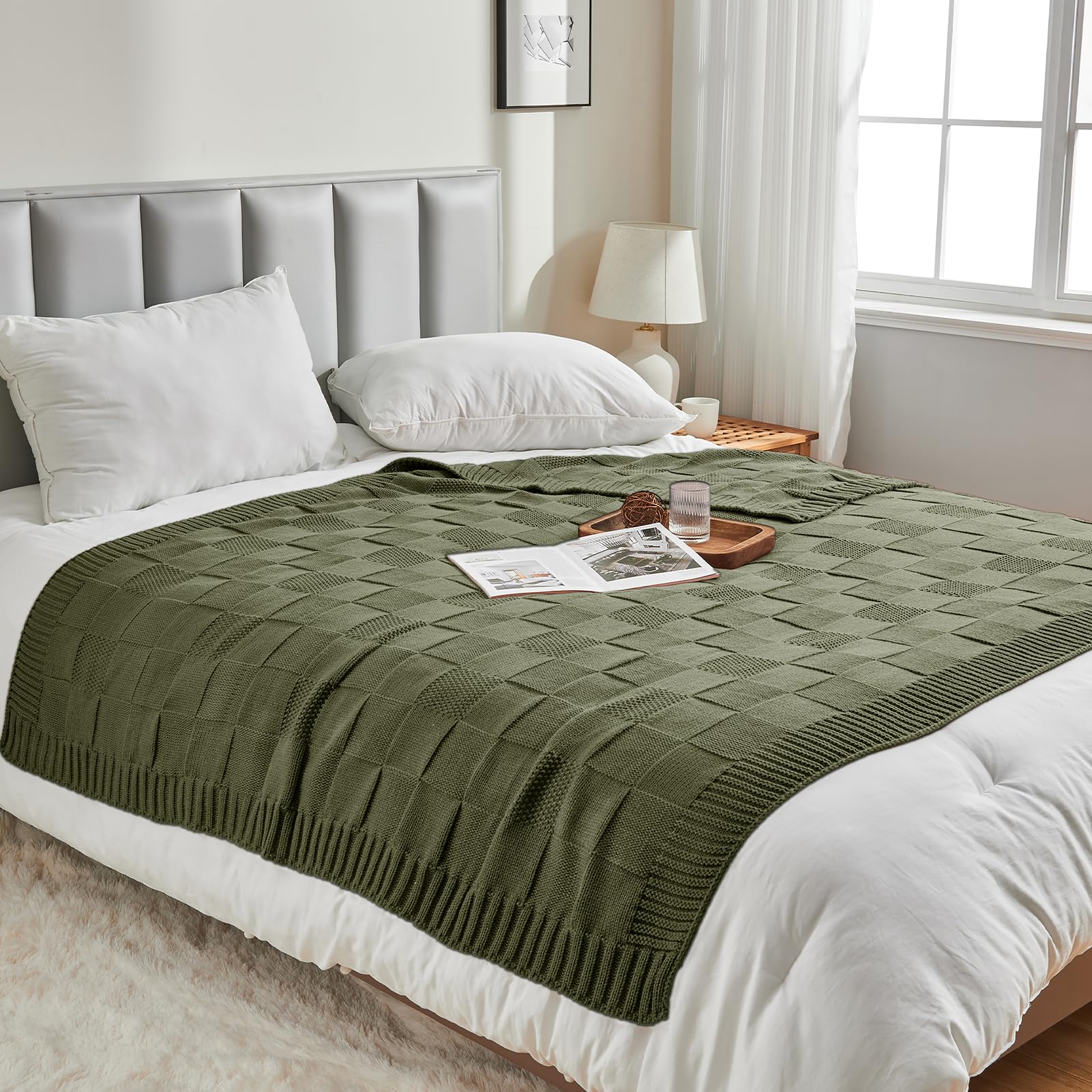 CozeCube olive check knit throw on a sofa creates inviting living space