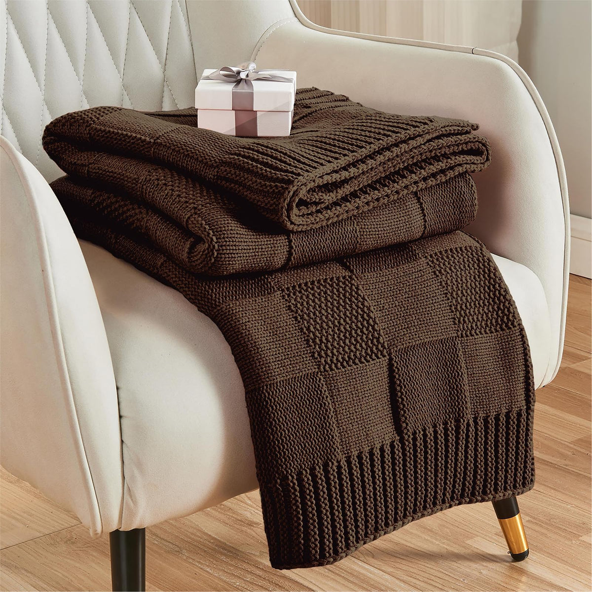 CozeCube check knit throw on sofa offering cozy warmth for the living room