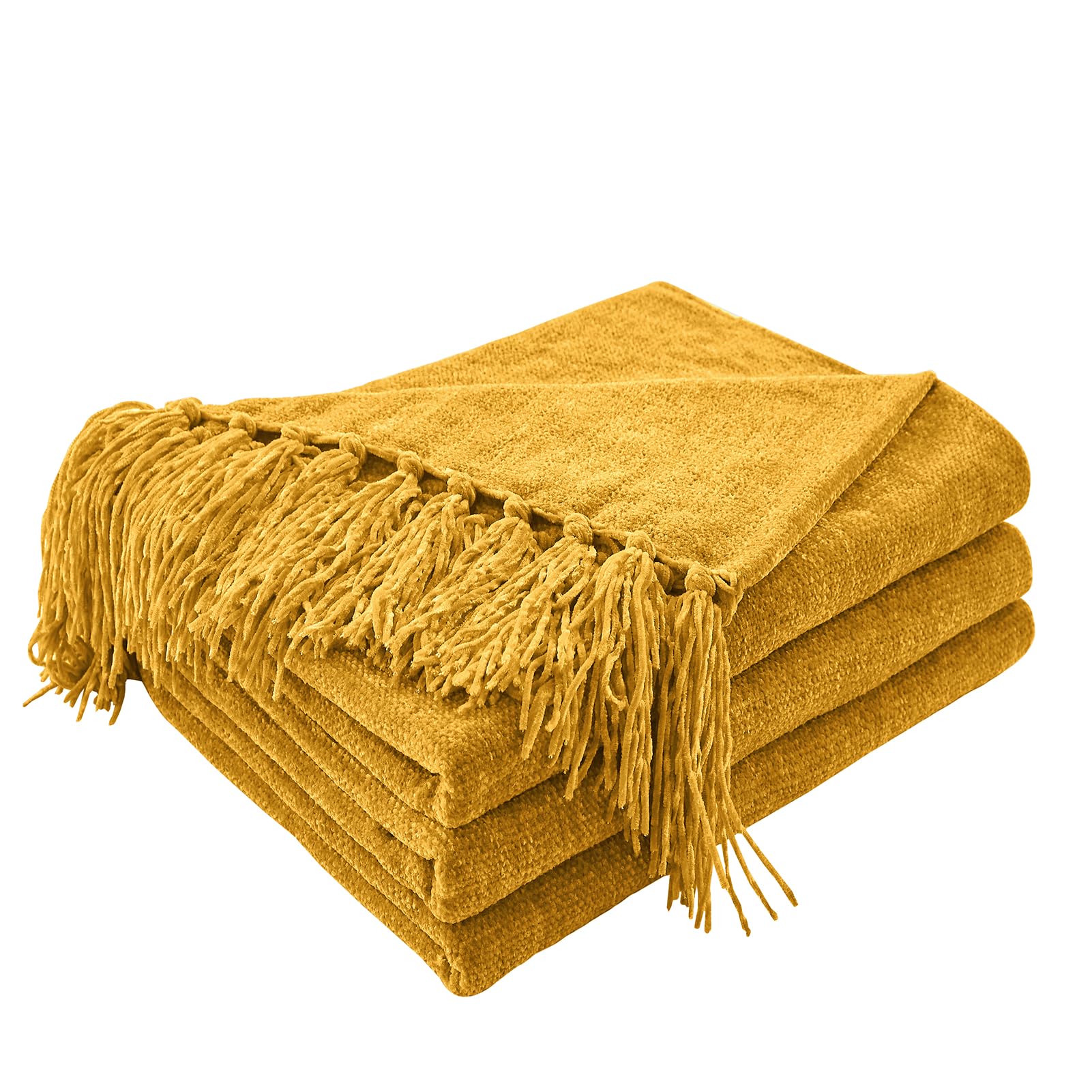 CozeCube chenille throw in harvest gold with fringe on sofa for cozy warmth