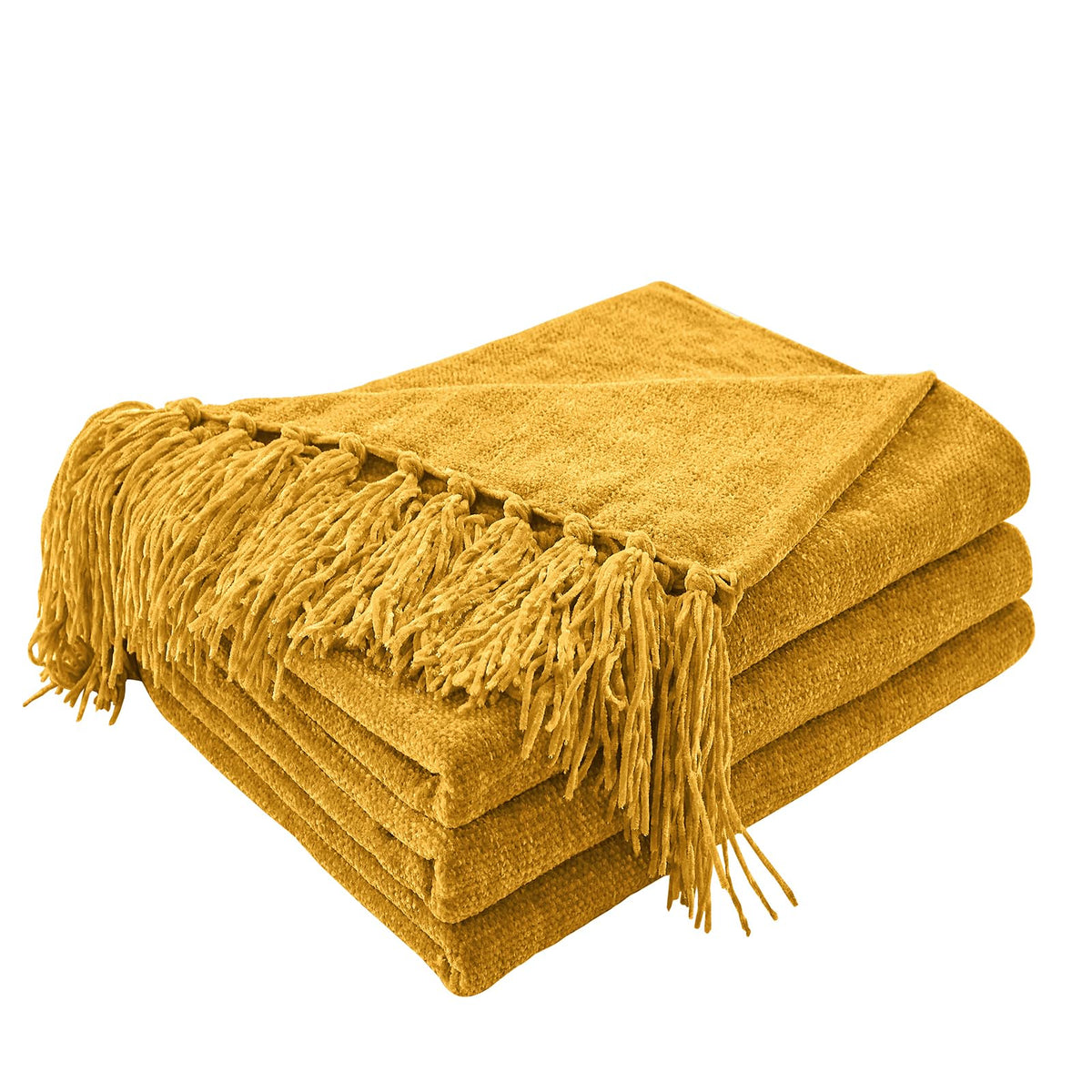 CozeCube chenille throw in harvest gold with fringe on sofa for cozy warmth