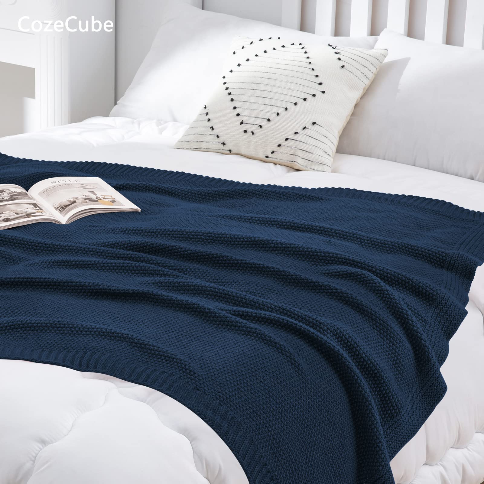 CozeCube Navy Blue Throw outdoors for cool evenings on a patio