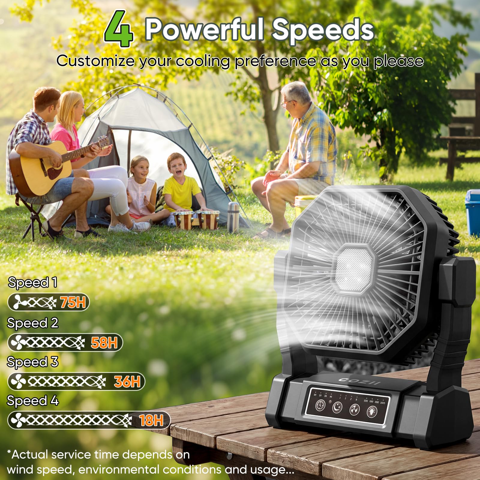 COZII battery-operated fan with LED lantern for camping illumination