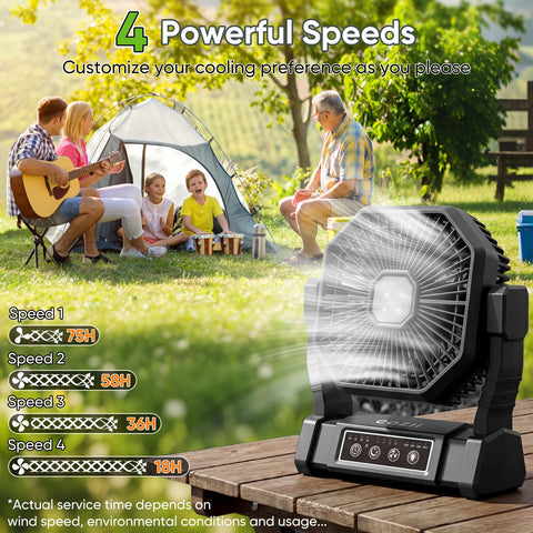 COZII battery-operated fan with LED lantern for camping illumination