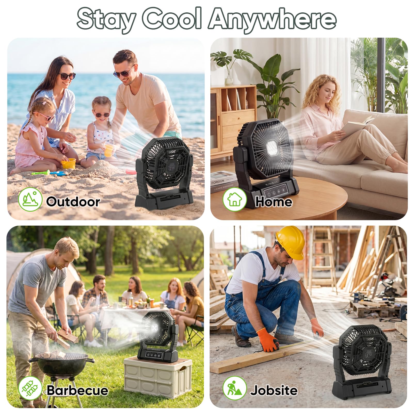 COZII outdoor camping fan in use for travel and outdoor moments