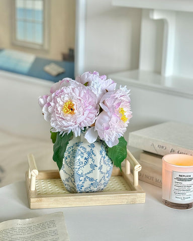 COZLIV Vintage Blue Ceramic Vase on bedroom dresser adds vintage flair.