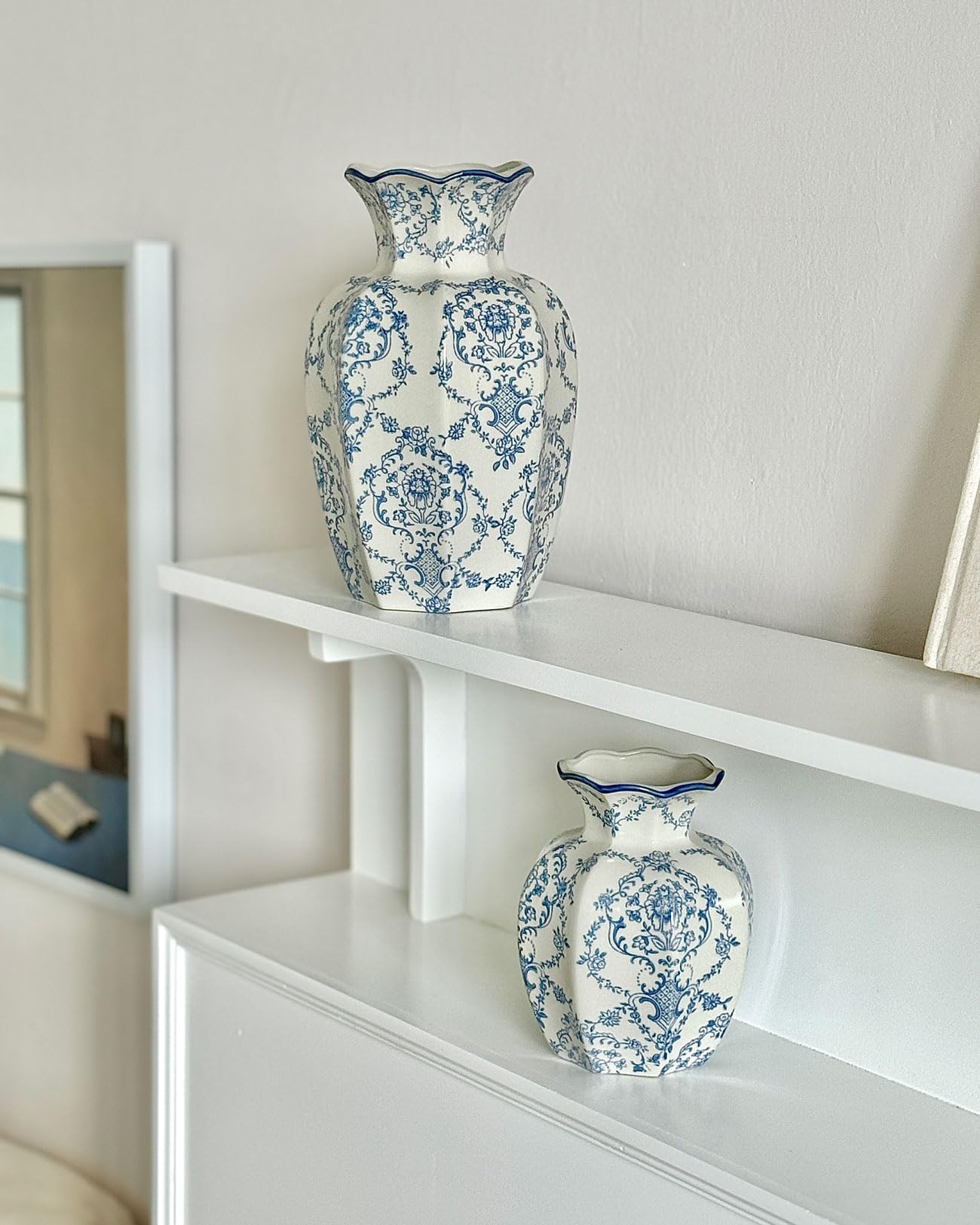 COZLIV Vintage Blue Ceramic Vase displayed in a shelf cluster for chic styling.