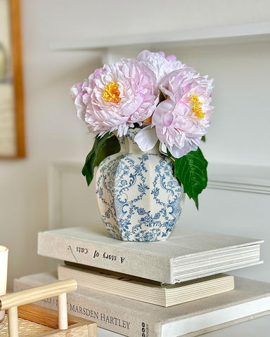 COZLIV Vintage Blue Ceramic Vase top view displays opening suitable for stems.