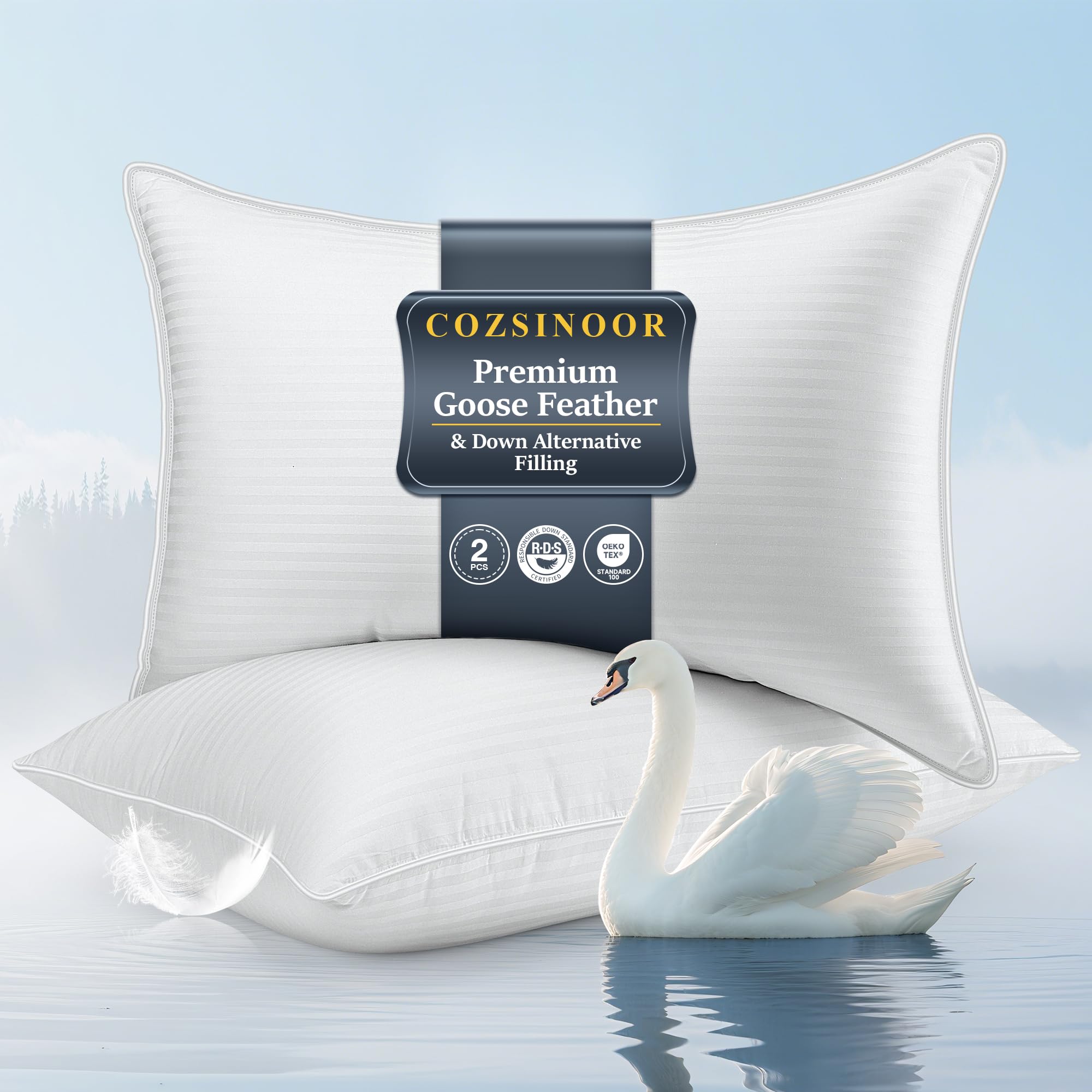 COZSINOOR goose feather pillows 2-pack on bed with hotel-style comfort