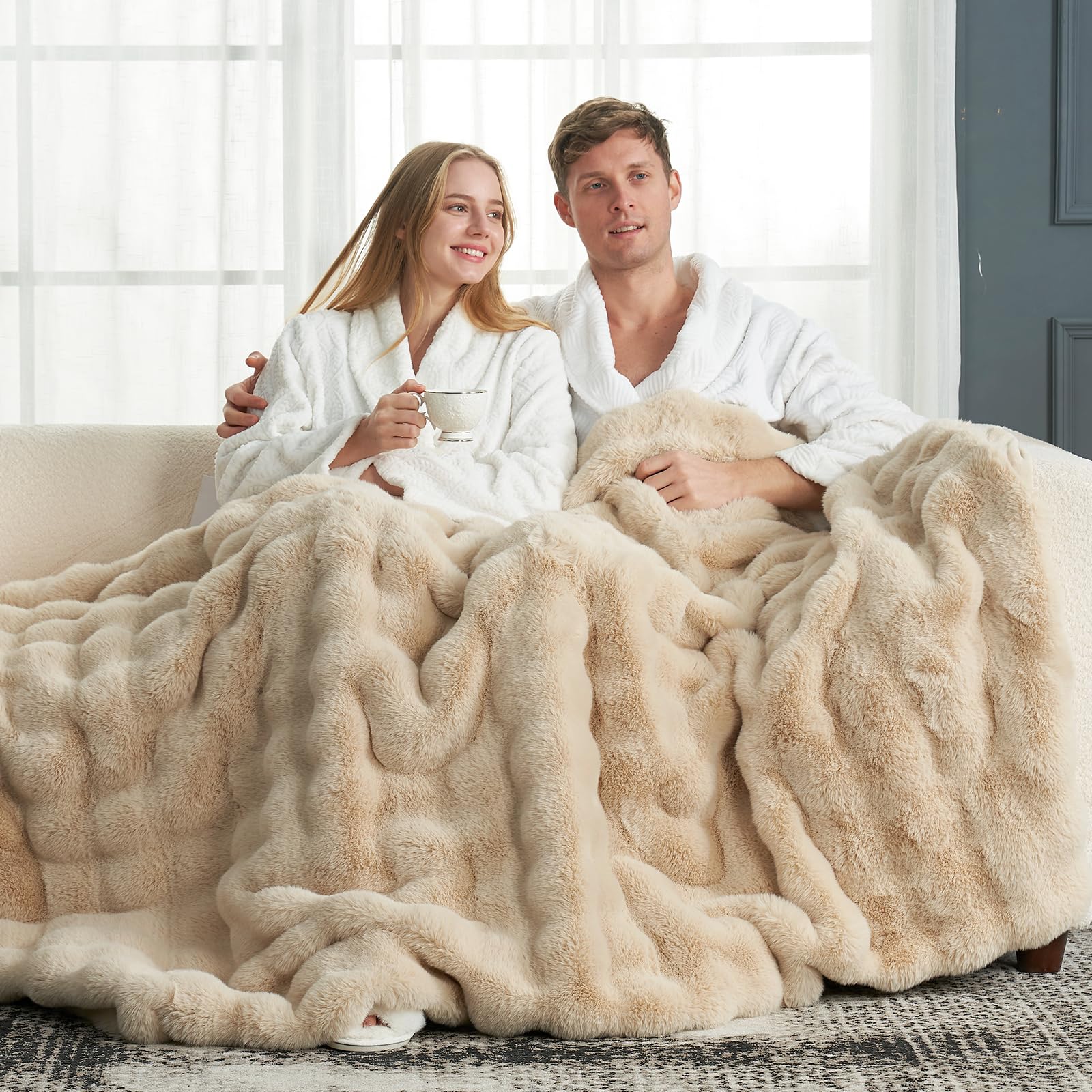 Cozy Bliss bubble-throw back-view: elegant texture enhances bedroom decor.