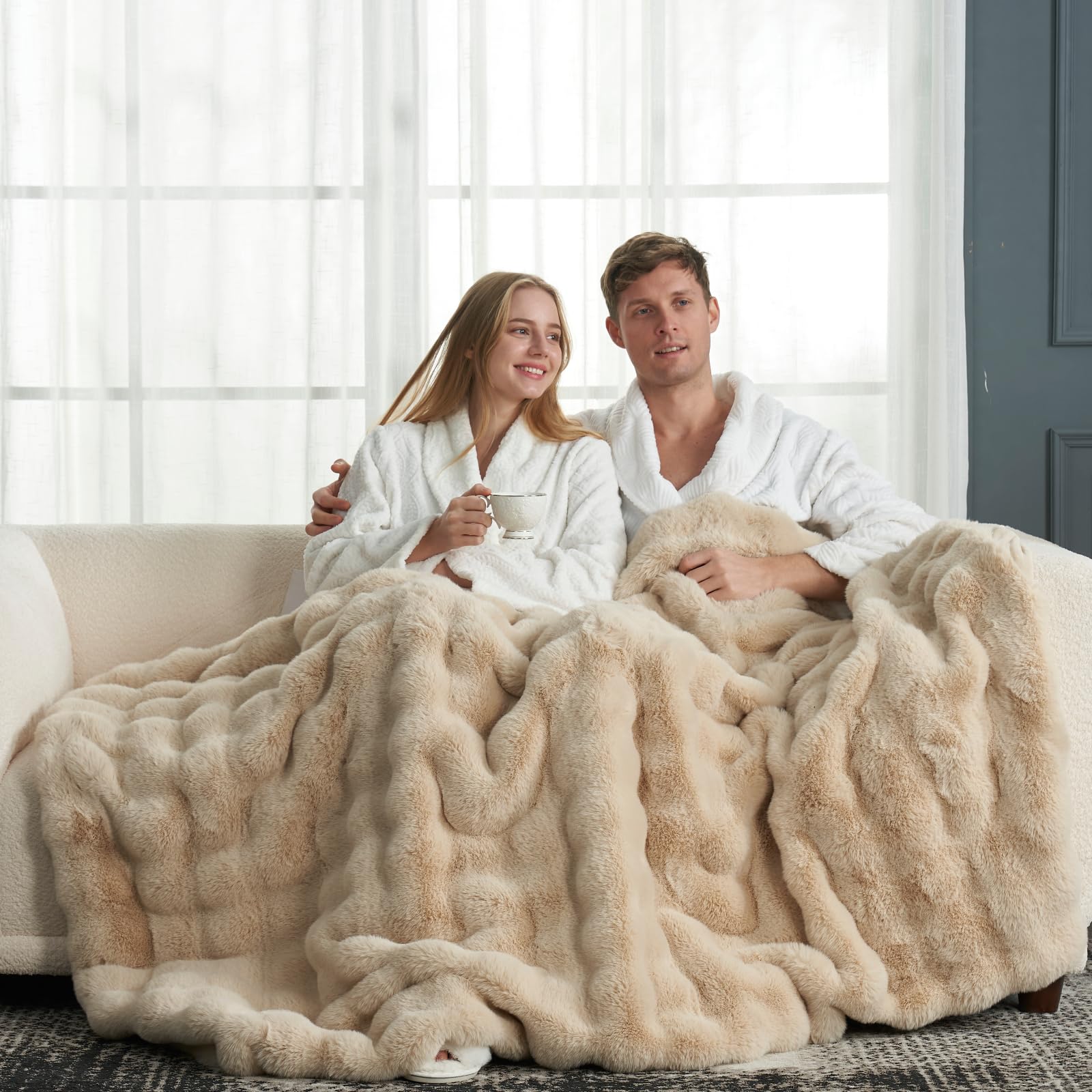 Cozy Bliss bubble throw on sofa adds plush warmth and style.