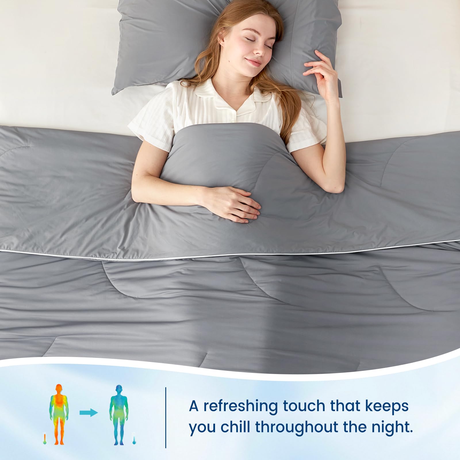 Cozy Bliss cooling comforter draped over a bed, full queen coverage.