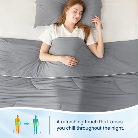 Cozy Bliss cooling comforter draped over a bed, full queen coverage.