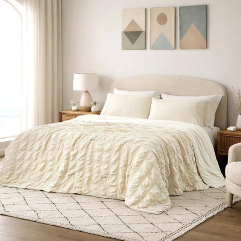 Cozy Bliss cooling comforter seersucker plaid on queen bed for refreshing sleep