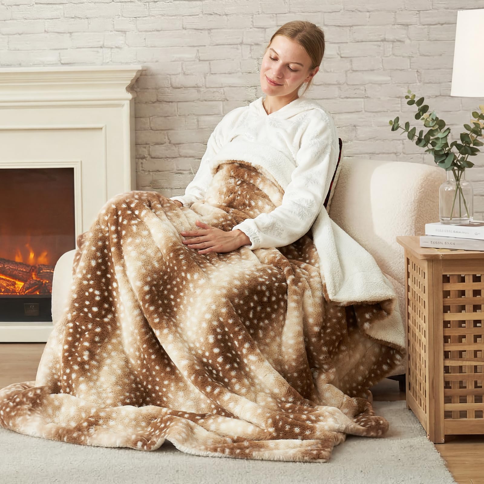 Cozy Bliss deer-striped throw back view showing sherpa reverse for extra warmth