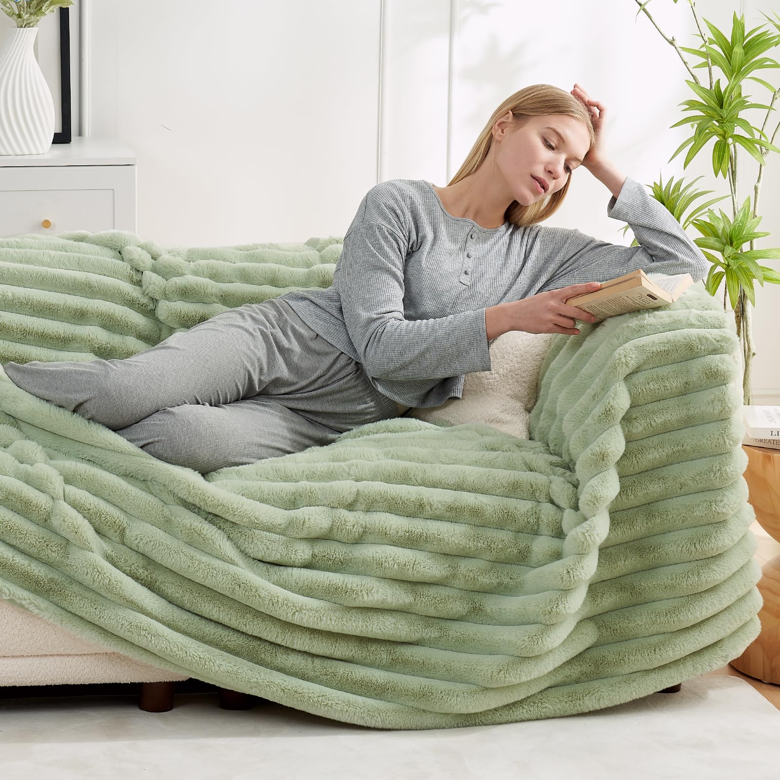 Cozy Bliss faux fur throw blanket on bedside for cozy evenings and snuggles.