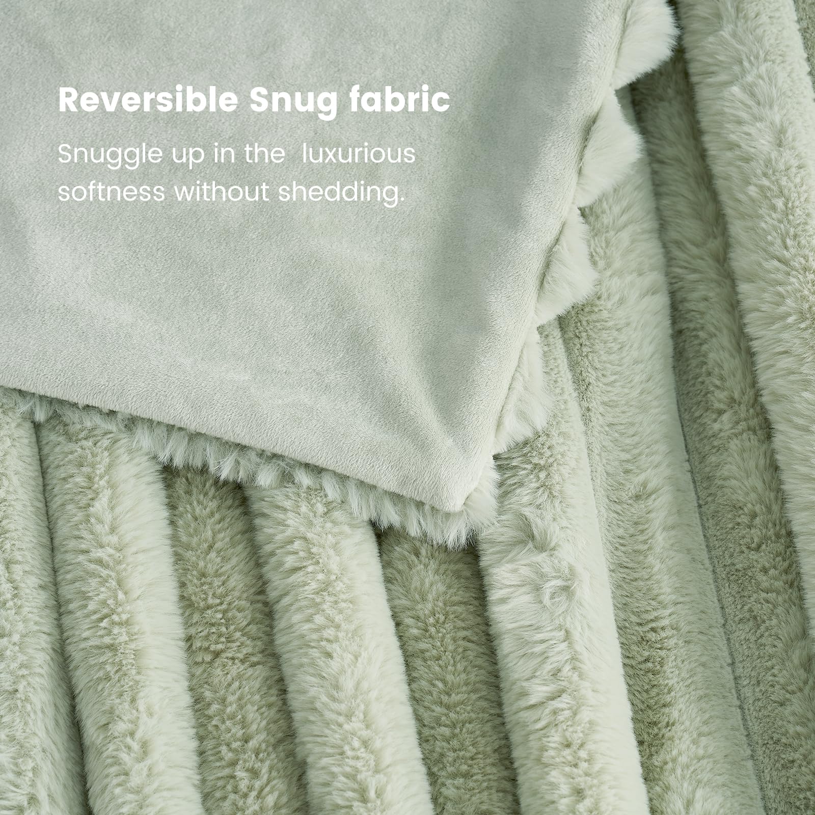 Cozy Bliss faux fur throw blanket in sage green complements calm spaces.