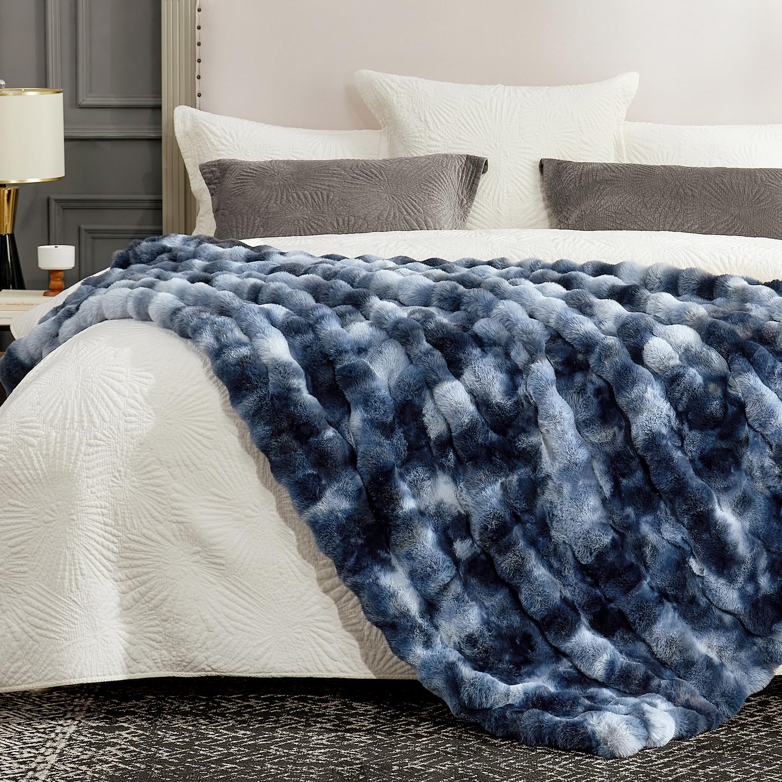 Cozy Bliss faux fur throw bubble blue folded image emphasizes compact storage and easy care