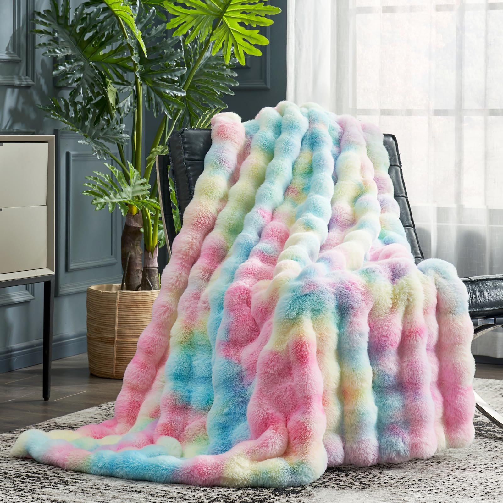 Cozy Bliss faux fur throw with bubble design adding luxurious warmth to the sofa