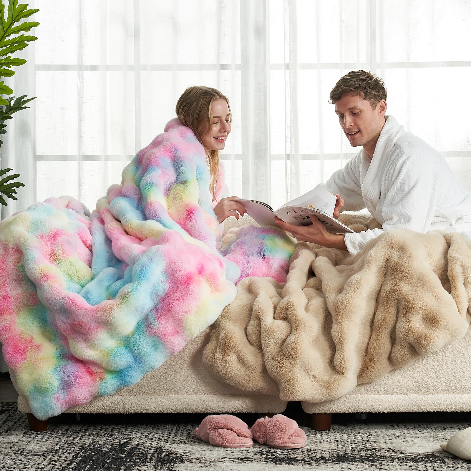 Cozy Bliss throw in tie-dye rainbow brightens bedroom and living spaces