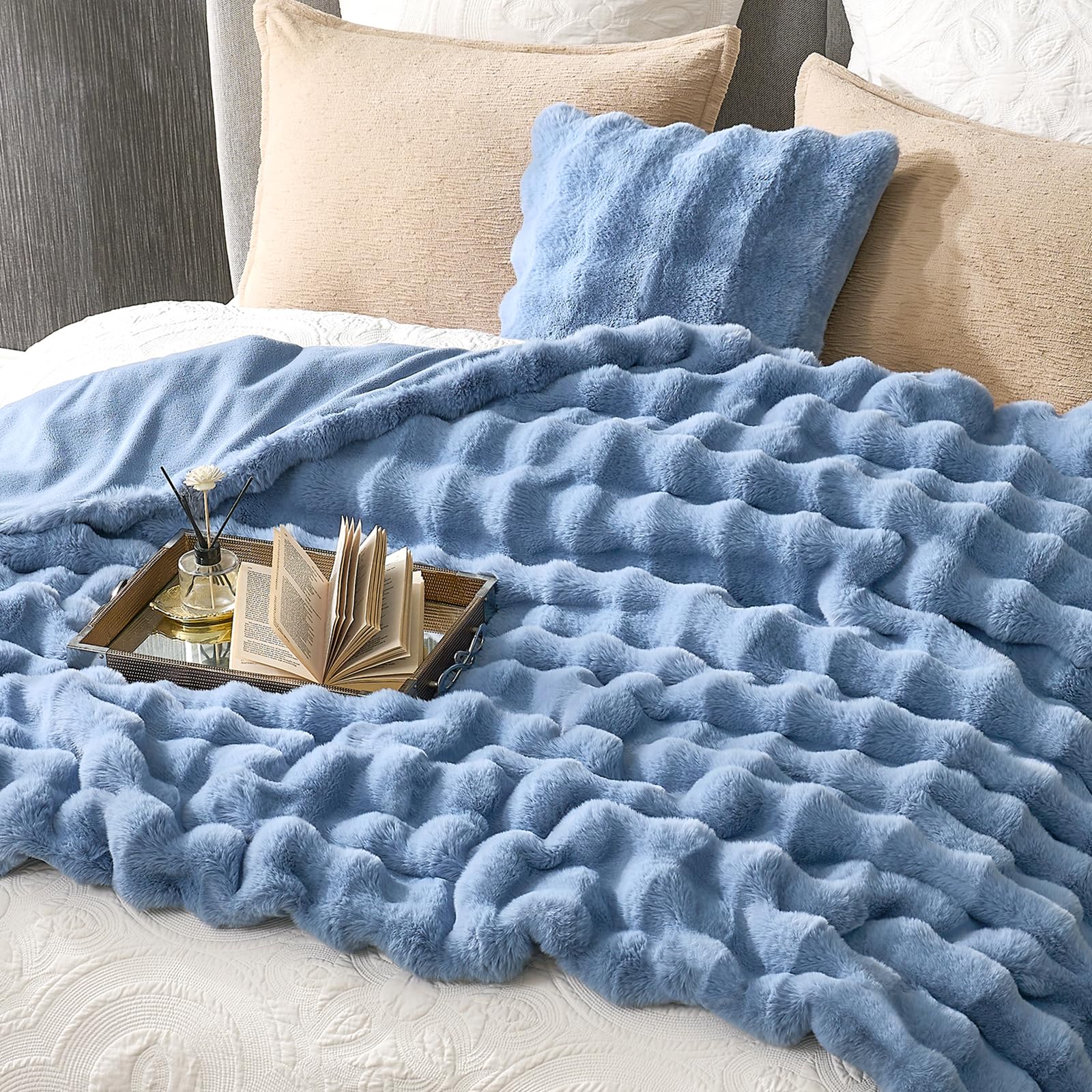 Cozy Bliss misty blue color closeup adds mood-boosting accent to any room