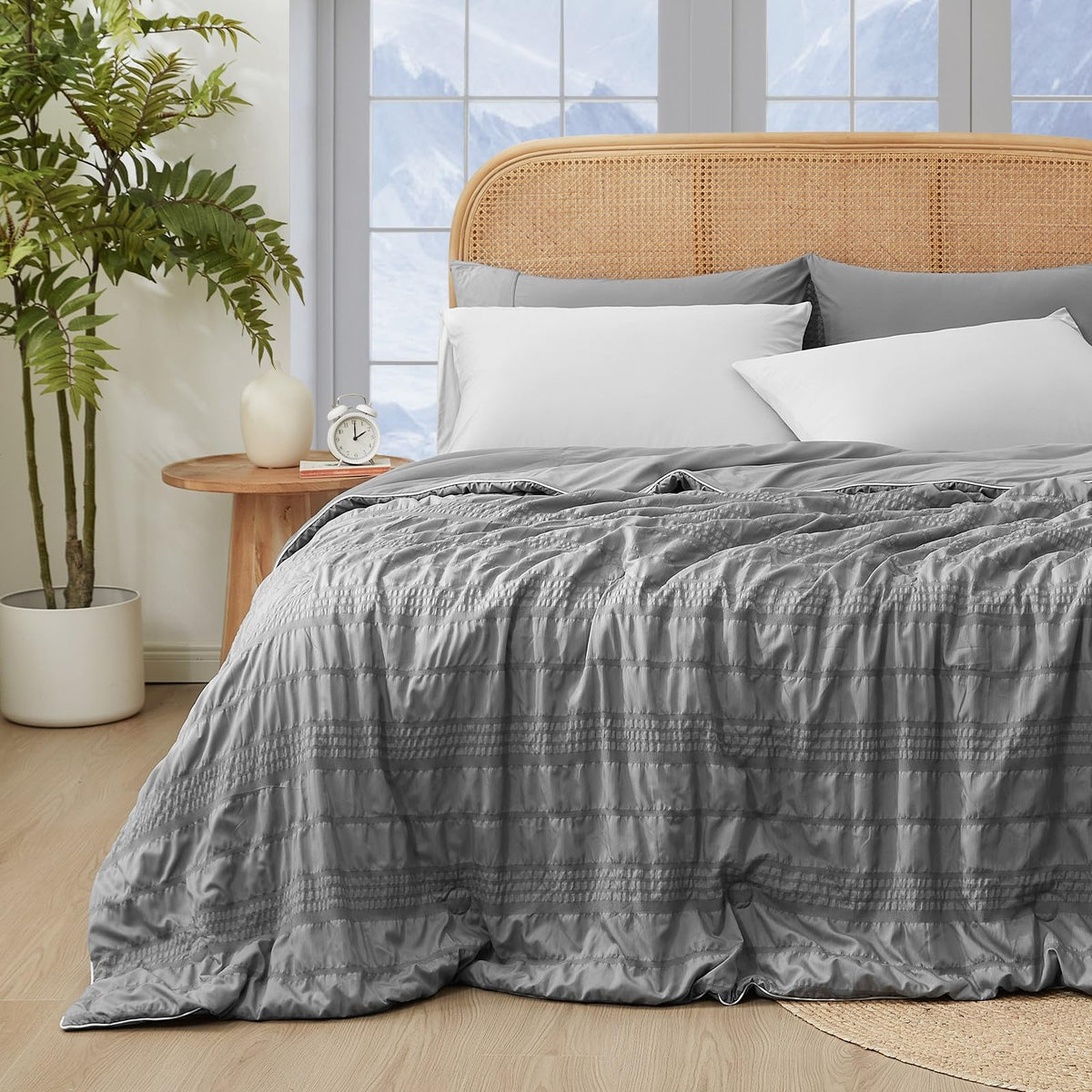 Cozy Bliss Seersucker Cooling Comforter Queen, double-sided for versatile cooling and style.