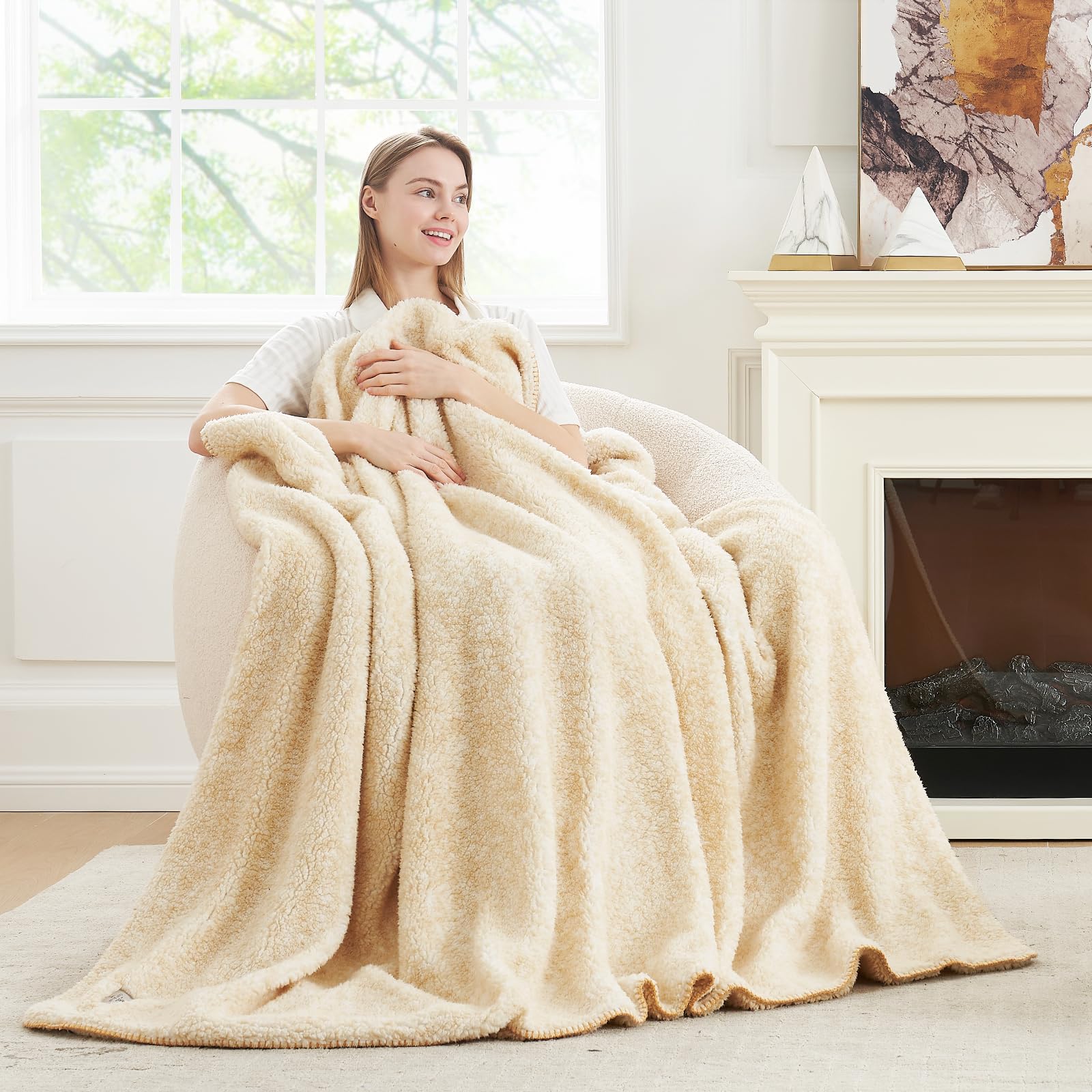 Cozy Bliss sherpa throw mottled beige complements living room decor