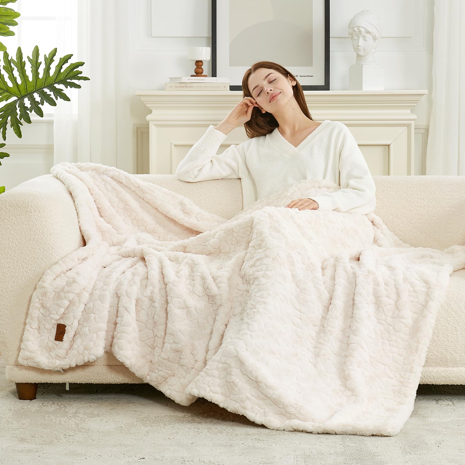 Cozy Bliss 55x70 cream white throw on sofa for oversized coverage