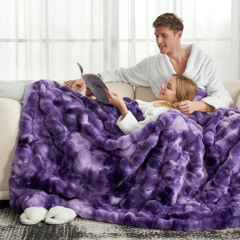Cozy Bliss tie-dye purple throw front view adds vibrant decor and softness.