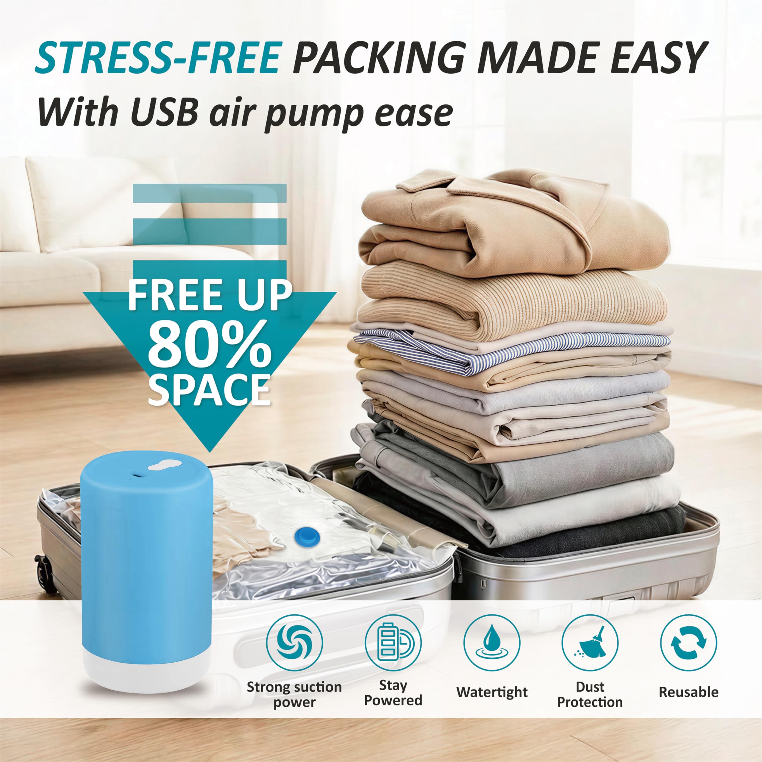 Cozy Essential 80-percent-space compression vacuum bag demonstrates rapid wardrobe downsizing.