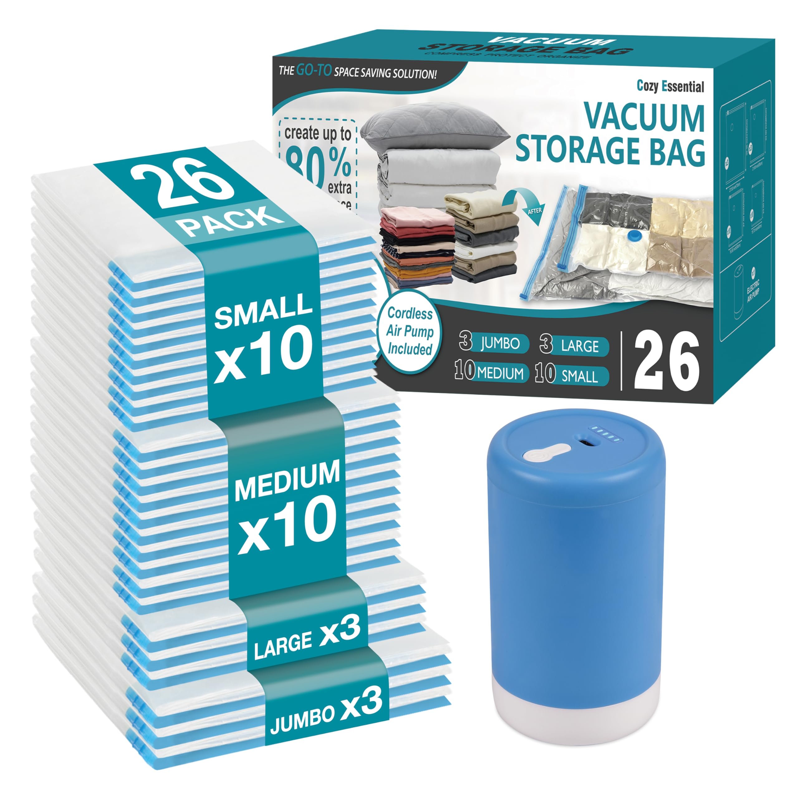 Cozy Essential travel vacuum bag pump shows compact packing for luggage efficiency.
