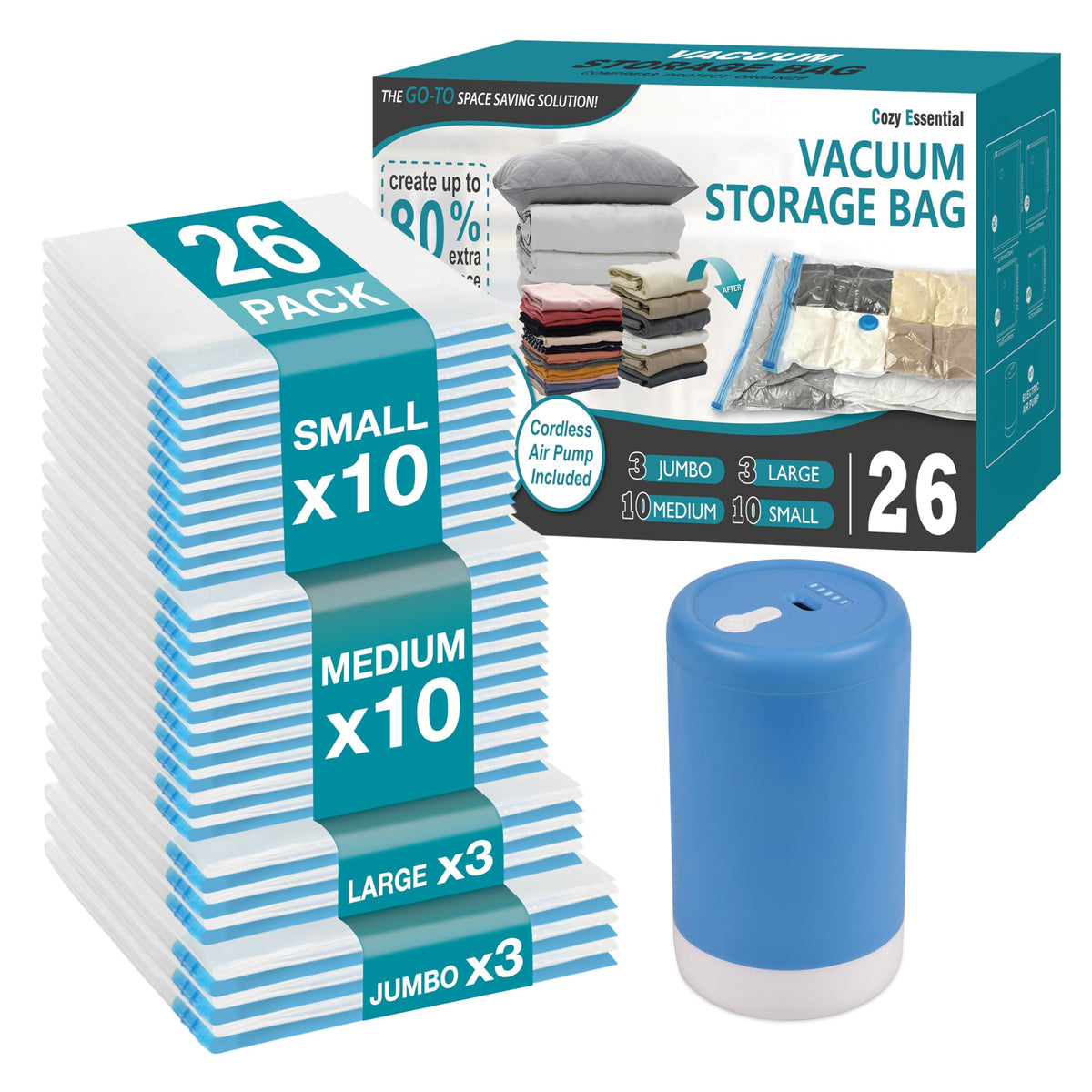 Cozy Essential travel vacuum bag pump shows compact packing for luggage efficiency.