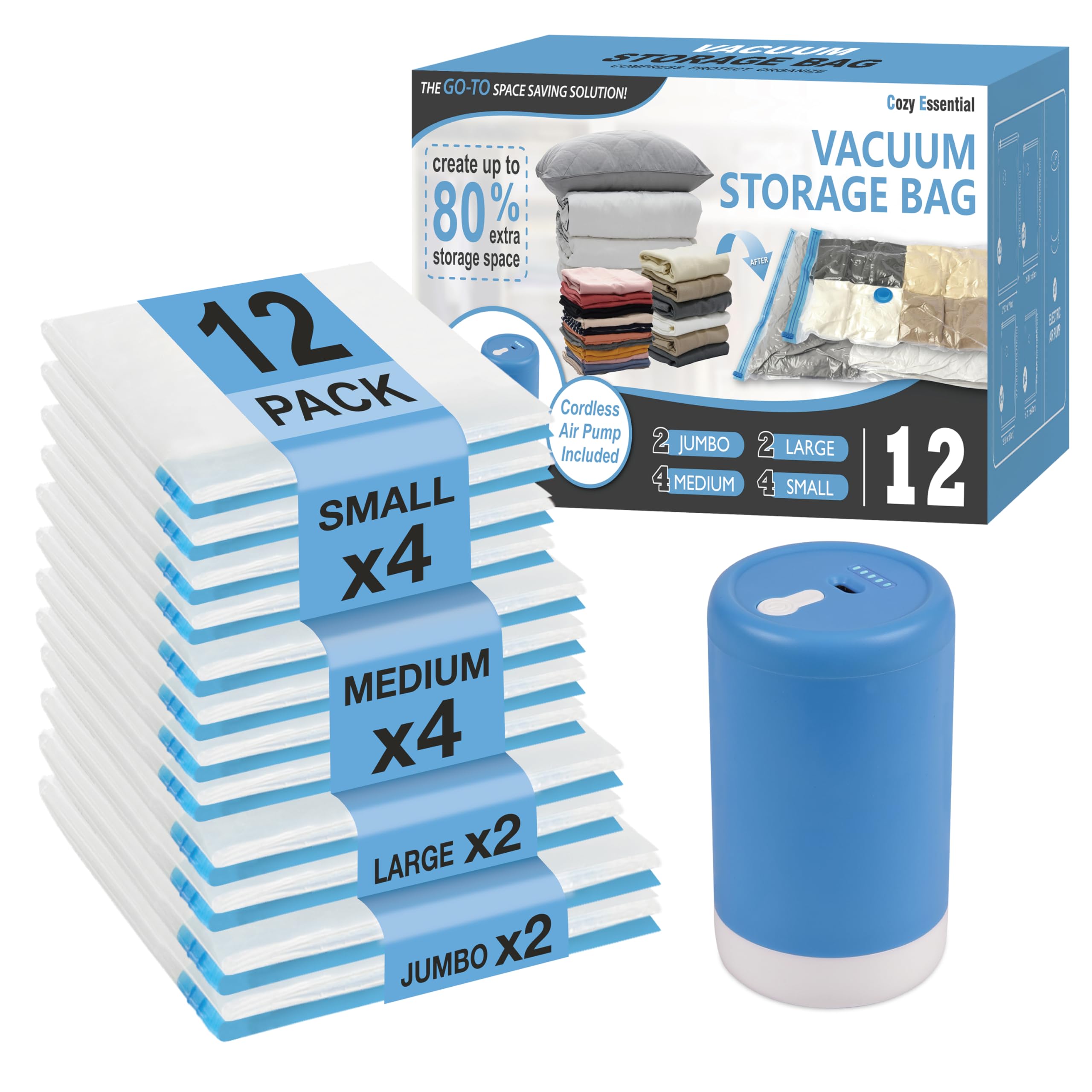 Cozy Essential travel vacuum bags with compact pump for fast on-the-go compression.